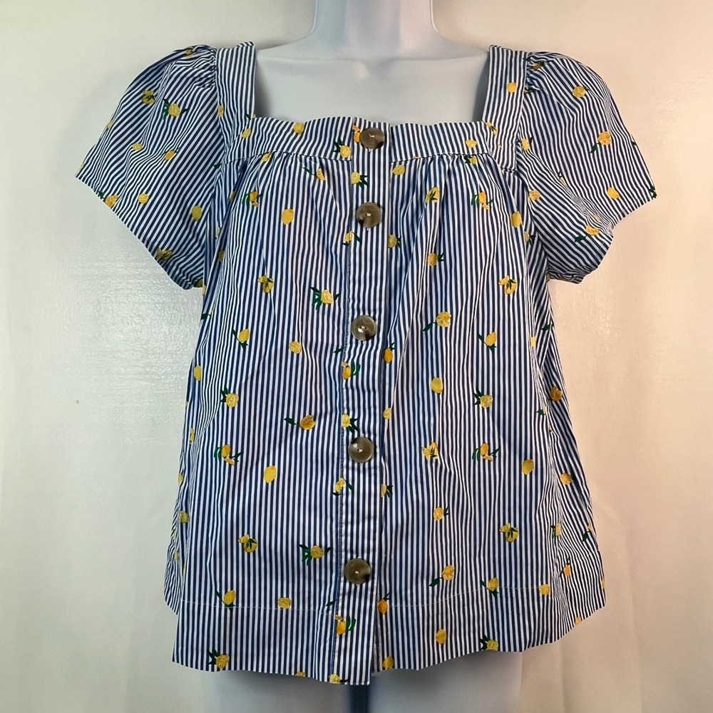 J. Crew Blue Striped Lemon Print Square Neck‎ Puff Sleeve Button Front Top S
